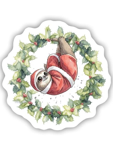 Weihnachts-Sloth im Kranz - Sticker Größe S (10 x 10 cm) - Mattweiß - Vorne