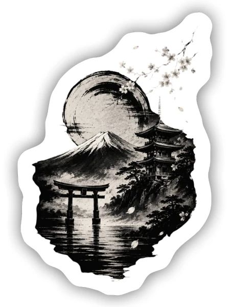 Mond über Fuji und Torii - Sticker Größe S (10 x 10 cm) - Mattweiß - Vorne