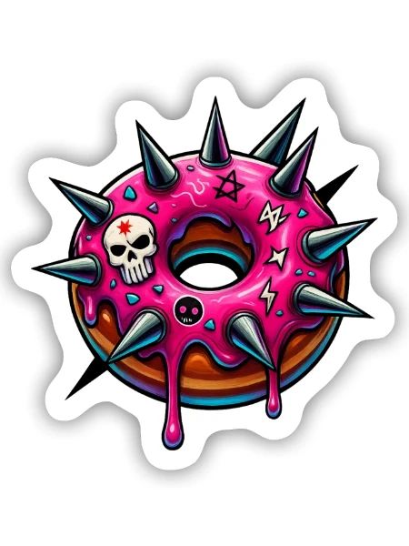 Punk Donut mit pinker Glasur und Totenköpfen - Sticker Größe S (10 x 10 cm) - Mattweiß - Vorne