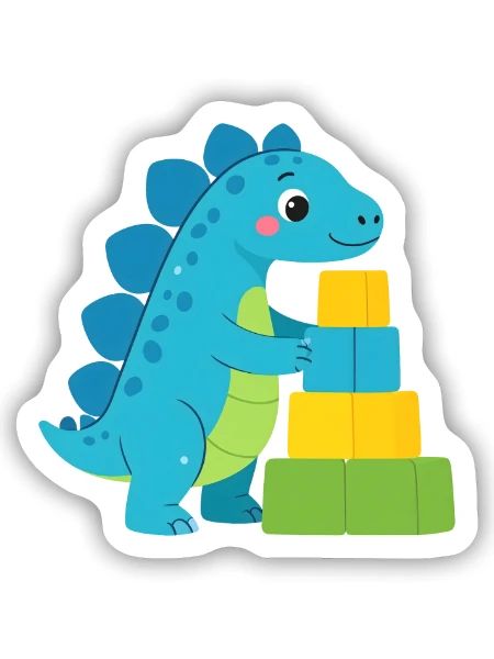 Blauer Comic Dinosaurier Bauklötze Kinder T-Shirt - Sticker Größe S (10 x 10 cm) - Mattweiß - Vorne