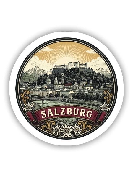 Salzburger Österreich Reiseabzeichen Festungssouvenir - Sticker Größe S (10 x 10 cm) - Mattweiß - Vorne