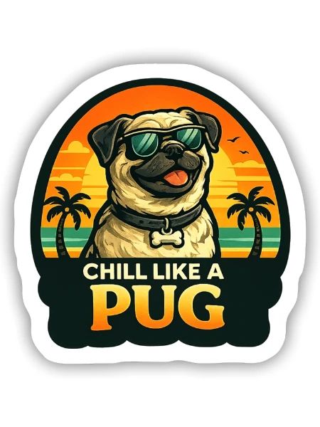Mops mit Sonnenbrille und Palmen im Retrolook - Sticker Größe S (10 x 10 cm) - Mattweiß - Vorne