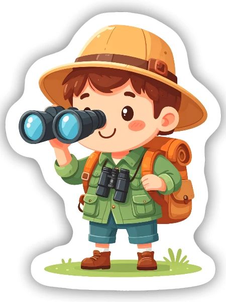 Kleiner Comic Abenteurer Tropenhut Fernglas  - Sticker Größe S (10 x 10 cm) - Mattweiß - Vorne