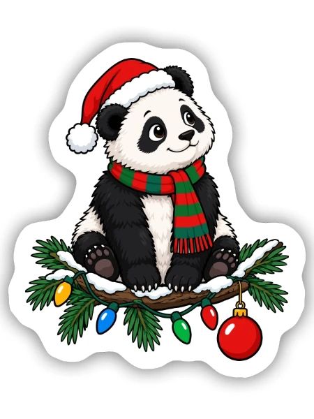 Panda Mit Weihnachtsmannmütze, Weihnachtslichtern, - Sticker Größe S (10 x 10 cm) - Mattweiß - Vorne