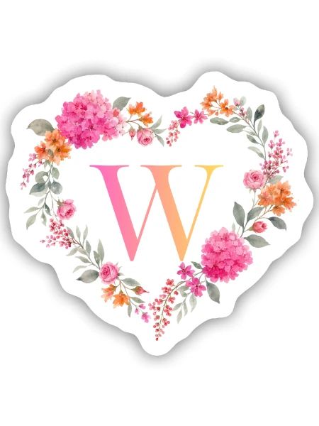 W Monogramm Blumen Herz personalisierbar - Sticker Größe S (10 x 10 cm) - Mattweiß - Vorne