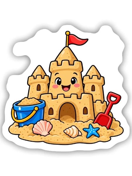 Lustige Sandburg am Strand – Süßes Sommer Comic - Sticker Größe S (10 x 10 cm) - Mattweiß - Vorne
