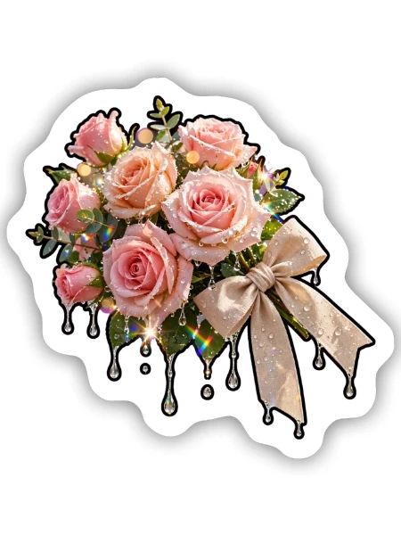 Rose Dew Bow Strauß - Sticker Größe S (10 x 10 cm) - Mattweiß - Vorne