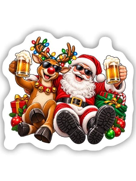 Santa und Rentier Festliche Feier - Sticker Größe S (10 x 10 cm) - Mattweiß - Vorne
