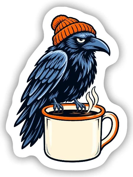 Rabe mit Mütze über Kaffeebecher - Sticker Größe S (10 x 10 cm) - Mattweiß - Vorne