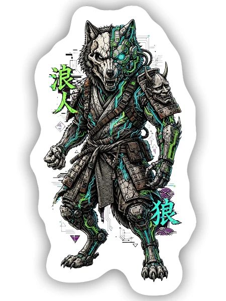 Cyber Wolf Mech Samurai Krieger - Sticker Größe S (10 x 10 cm) - Mattweiß - Vorne