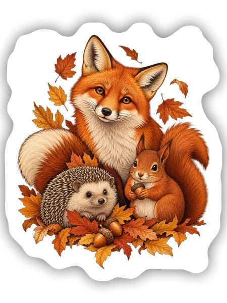 Herbst Waldtiere mit Fuchs Igel und Eichhörnchen - Sticker Größe S (10 x 10 cm) - Mattweiß - Vorne