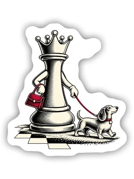 Schachdame mit Hund beim Spaziergang - Sticker Größe S (10 x 10 cm) - Mattweiß - Vorne