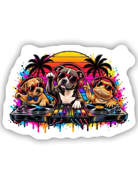 Pawplay Party DJ Dogs - Sticker Größe S (10 x 10 cm) - Mattweiß - Vorne
