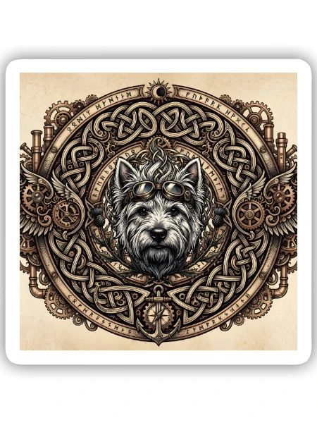 Steampunk-Hund keltische Knoten - Sticker Größe S (10 x 10 cm) - Mattweiß - Vorne