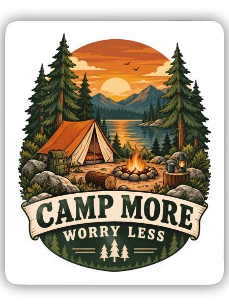 Camp More Worry Less Camping Szene - Sticker Größe S (10 x 10 cm) - Mattweiß - Vorne
