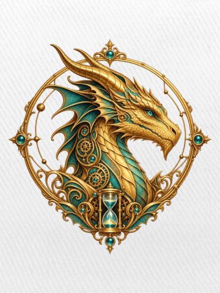 Zeitdrache – Steampunk-Wappen mit Sanduhr