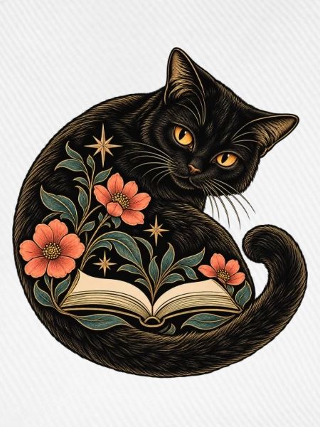 Schwarze Katze und Blütenbuch