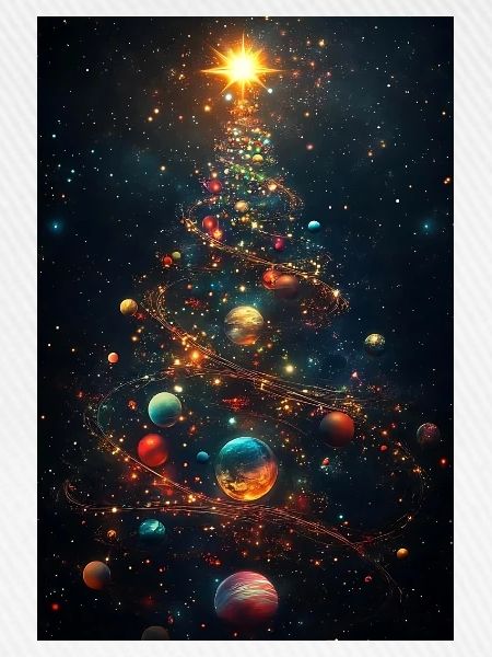 Kosmischer Weihnachtsbaum mit Planetenschmuck