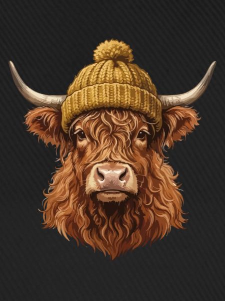 Hochlandrind mit Strickmütze