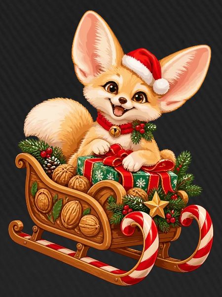 Fennek mit weihnachtlichem Nussschlitten