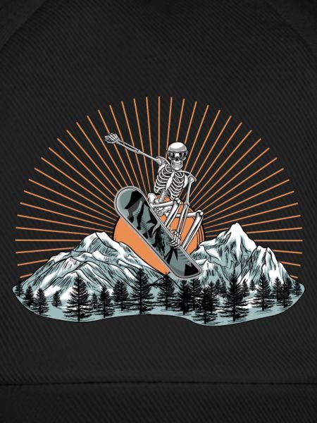 Skelett-Snowboarder über Berglandschaft