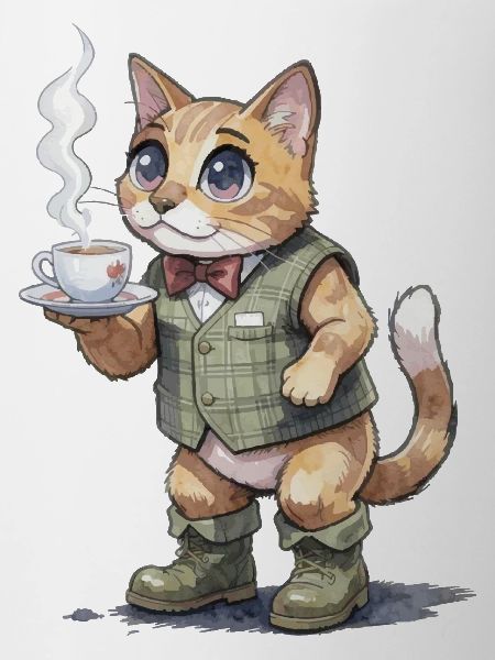 Katze im Tweed-Anzug mit Dampfender Tasse
