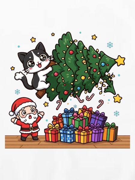 Katze schiebt Weihnachtsbaum