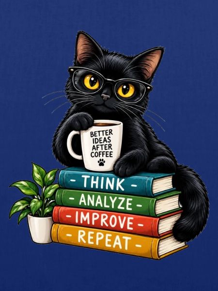 Nerdy Katze mit Kaffee und Büchern