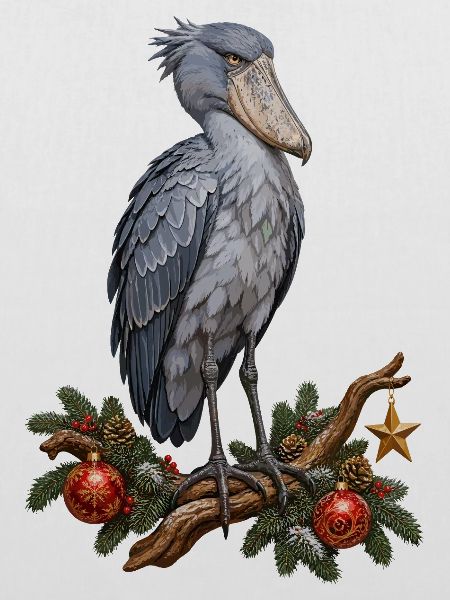 Schuhschnabel mit Weihnachtsornamenten