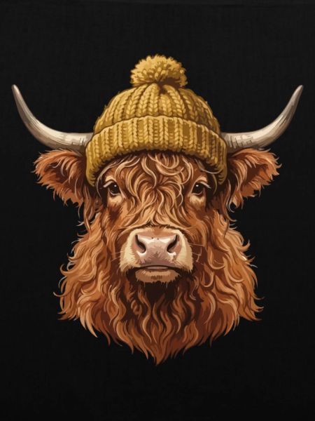 Hochlandrind mit Strickmütze