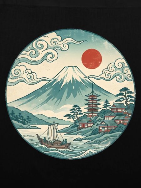 Fuji mit roter Sonne und Pagode