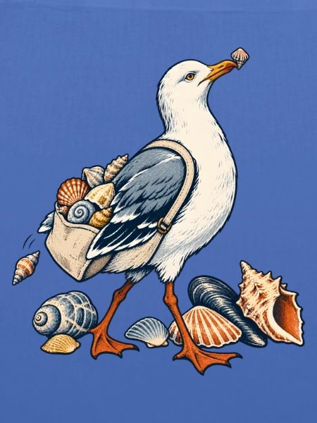 Möwe beim Muschelsammeln am Meer
