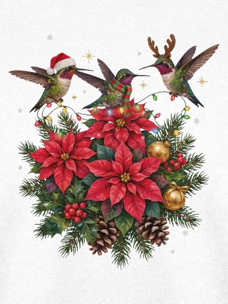 Kolibris mit Weihnachtssternen und Lichterkette