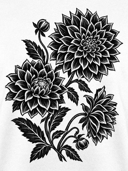 Dahlia-Garten Linoleumschnitt-Botanisches Blumendesign