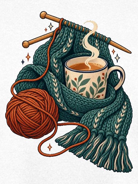 Strickpause mit Tee und Wollknäuel