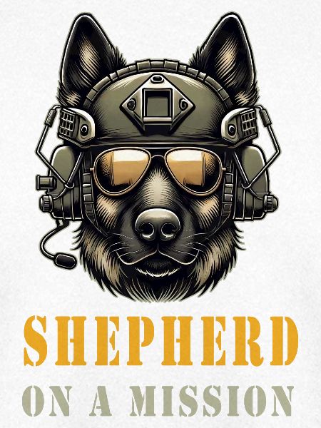 Schäferhund mit Militärhelm und Sonnenbrille