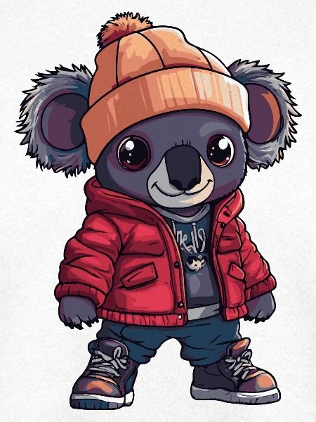 Koala mit Winterjacke und Mütze