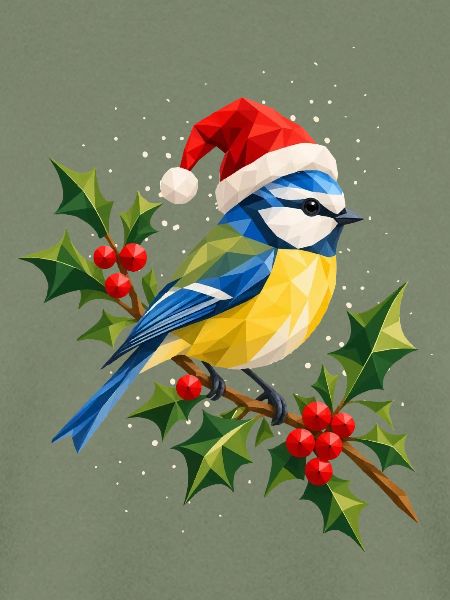 Weihnachtliche Blaumeise auf Stechpalme