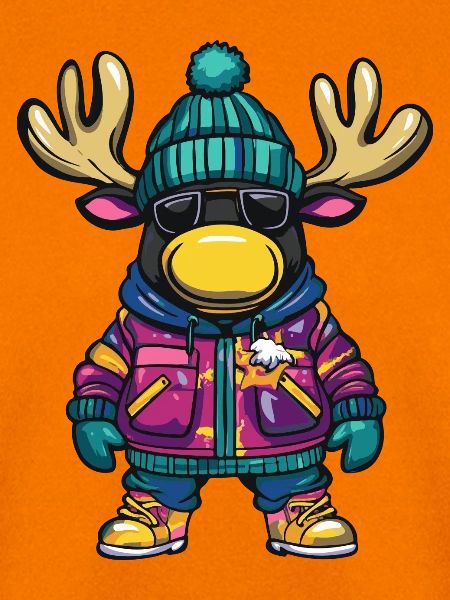 Elch mit Winterjacke und Sonnenbrille