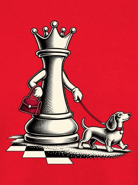 Schachdame mit Hund beim Spaziergang