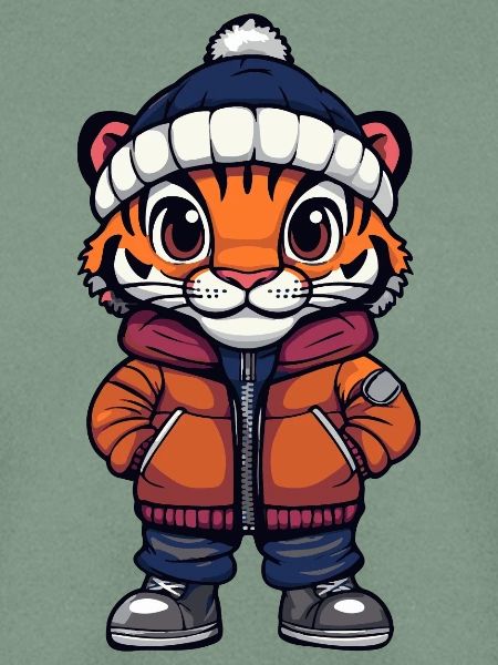 Tiger mit Winterjacke und Mütze