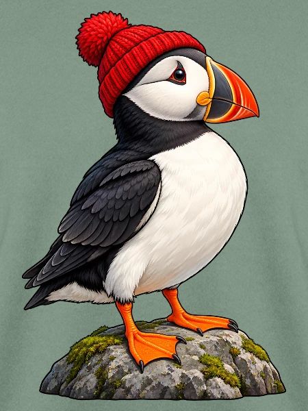 Papageitaucher mit roter Bobble-Mütze