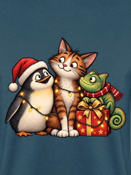 Weihnachts-Pinguin-Katze und Chamäleon-Freunde
