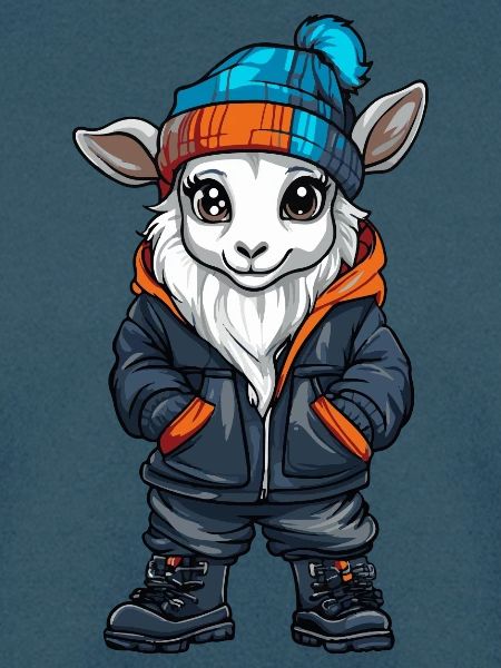 Ziege mit Winterjacke und Mütze