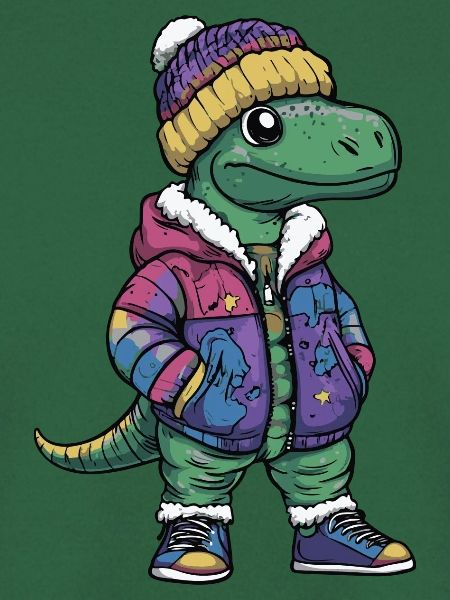 Dinosaurier mit Winterjacke und Mütze