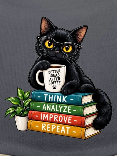 Nerdy Katze mit Kaffee und Büchern