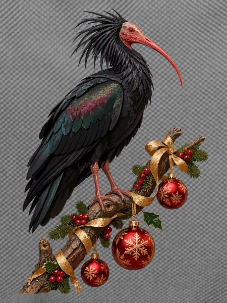Waldrapp mit rubinroten Weihnachtskugeln