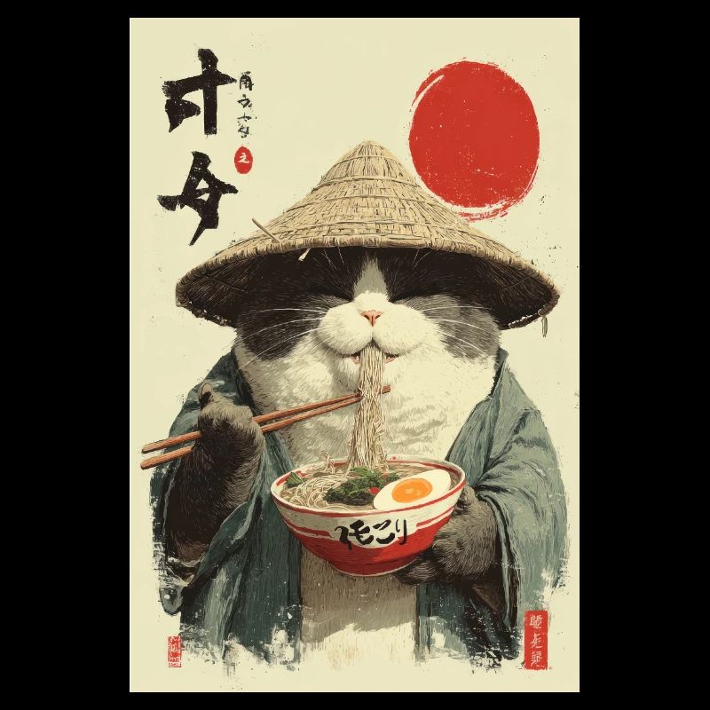 Chat samouraï mangeant des ramen