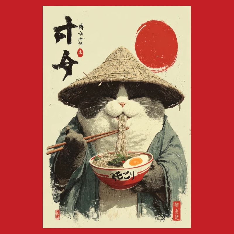 Chat samouraï mangeant des ramen