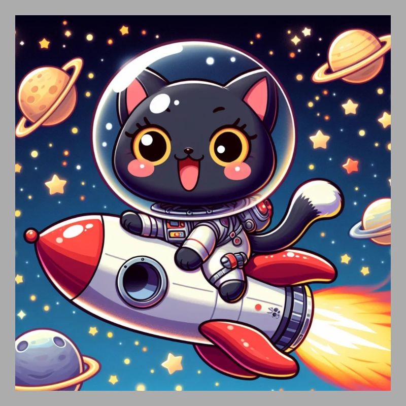 Chat mignon de l’espace sur une fusée dans l’espace